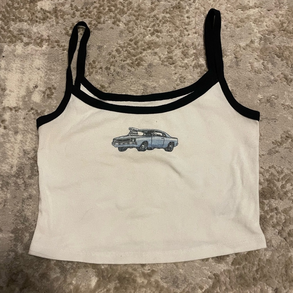 Aeropostale White and Black Crop Top with Car Graphic
